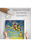 Renkli Balonlar İle Uçan Bisikletli Kız Kanvas Duvar Örtüsü-Halısı-5036