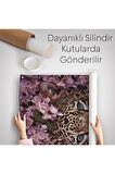 Pembe Çiçekler Arasında Vahşi Leopar Dekoratif Duvar Örtüsü - Halısı-6195