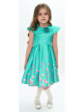Kız Çocuk Abiye Düğün Mezuniyet Bayramlık Gül Aksesuarlı Yeşil Elbise