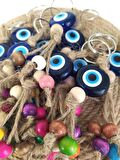 Nazar Boncuk Anahtarlık 10 Adet Kötü Göz Kovucu Nazar Hand Made Hasır Renkli Ahşap Boncuklu Nazarlı Anahtarlık