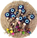Nazar Boncuk Anahtarlık 20 Adet Kötü Göz Kovucu Nazar Hand Made Hasır Renkli Ahşap Boncuklu Nazarlı Anahtarlık