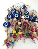 Nazar Boncuk Anahtarlık 20 Adet Kötü Göz Kovucu Nazar Hand Made Hasır Renkli Ahşap Boncuklu Nazarlı Anahtarlık