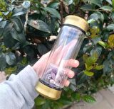 Cam Su Şişesi Termos Matara Ametist Doğal Taş Kristal Kupa 250 ml Çelik Kapak 