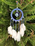 Nazar Boncuklu Mavi Düş Kapanı Dreamcatcher Kuş Tüyü Kötü Rüya Kovucu Rüya Kapanı Duvar Süsü    