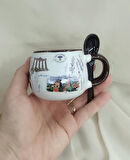 Bardak Kupa Seramik Kulplu Kaşıklı 100 ml Yöresel Meşrubat Su Kahve Bardağı Antalya Görselli