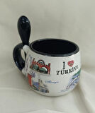 Bardak Kupa Seramik Kulplu Kaşıklı 100 ml Yöresel Meşrubat Su Kahve Bardağı Antalya Görselli