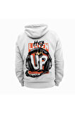 Hey Listen Up Beyaz Kapüşonlu Sweatshirt Kalın Kumaş