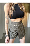 kadın Mini Şort Etek Kargo Cepli Düğmeli Yüksek Bel