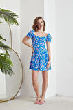 çiçek deseni kısa kol elbise mavi renk