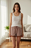 Çizgili Penye Kadın Ev Şortu Bacak Dantel Detaylı Ev Giyim Kahverengi