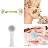 BUFFER® 2li Set Çift Taraflı Cilt Temizleme Fırçası ve Yeşim Taşı Çift Taraflı Cilt Masaj Aleti