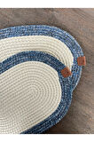 Bohem Tarz 2’li Doğal İp Amerikan Servis – Hasır Görünümlü, Leke Tutmaz, Mavi/Beyaz (40x28 Cm)
