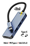 Type-c 4in1 Dönüştürücü Hub Macbook Uyumlu Çevirici Çoğaltıcı Hdmi/Usb3.0/Typec PD