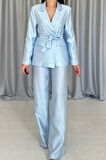 buğrahayalin Mavi Beli Kuşaklı Ceket Ve Pantolon Parlak Takım