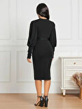 buğrahayalin Kadın Uzun Kollu Bisiklet Yaka Beli Kuşaklı Ithal Krep Midi Elbise