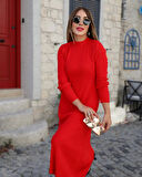 buğrahayalin Kadın Uzun Kollu Yarı Balıkçı Yaka Arkadan Pencere Detaylı Bağcıklı Midi Triko Elbise