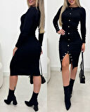 buğrahayalin Kadın Uzun Kollu Yırtmaçlı Düğme Detaylı Midi Kaşkorse Elbise