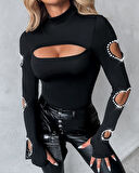 buğrahayalin Kadın Uzun Kollu Yarı Balıkçı Yaka Pencere Detaylı Kolları Kalp Desen Taşlı Viskon Bluz