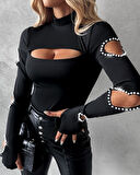 buğrahayalin Kadın Uzun Kollu Yarı Balıkçı Yaka Pencere Detaylı Kolları Kalp Desen Taşlı Viskon Bluz