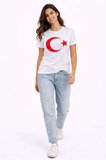 buğrahayalin T-Shirt Kısa Kol Bisiklet Yaka Ay Yıldız Bayrak Baskılı Tişört - Beyaz
