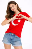 buğrahayalin T-Shirt Kısa Kol Bisiklet Yaka Ay Yıldız Bayrak Baskılı Tişört - Kırmızı