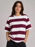 buğrahayalin Çizgili Oversize Tişört Bisiklet Yaka Kısa Kol Yazlık T-Shirt - Bordo