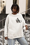 Minimalist Kedi Baskılı Unisex Oversize Sweatshirt