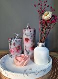 pembe çiçek ve gümüş detaylı mum dekorasyon seti