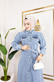 Kadın Cep Detaylı Denim Kot Elbise