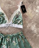 Kadın Tavşan Desen Detaylı Yazlık Saten Bralet Şort Takım