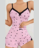 Lily Bianca %100 Pamuk Penye Kalp Desenli Pembe Büstiyer/Şort Takım-Pijama-13006