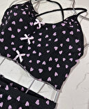 Lily Bianca Kalp Desenli Siyah/Pembe %100 Pamuk Croptop Mini Şort Pijama Takımı -13011