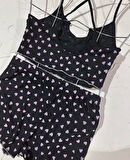 Lily Bianca Kalp Desenli Siyah/Pembe %100 Pamuk Croptop Mini Şort Pijama Takımı -13011