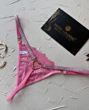 Passione Parlak Şerit Detaylı Pembe/Siyah Esnek Arkası Kalp Aksesuar Detaylı String