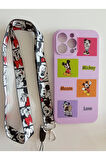 İPhone 13 Pro Max Uyumlu Mickey Mouse Tasarım Telefon Boyun Askılı Set Kılıf