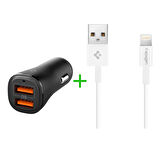 Spigen 30W Araç içi Hızlı Şarj 18W + 12W Akım Korumalı+Apple Lightning Şarj 1M MFI Lisanslı