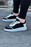 J019 Bağcıklı Ortopedik Taban Triko Erkek Sneaker Günlük Ayakkabı BT Siyah/Beyaz