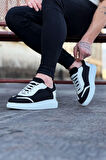 J019 Bağcıklı Ortopedik Taban Triko Erkek Sneaker Günlük Ayakkabı BT Siyah/Beyaz