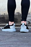 J019 Bağcıklı Ortopedik Taban Triko Erkek Sneaker Günlük Ayakkabı BT Siyah/Beyaz