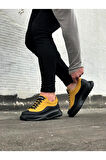 J507 Bağcıklı Ortopedik Taban Erkek Sneaker Günlük Ayakkabı ST Sarı/Siyah