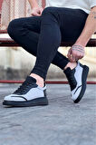 J019 Bağcıklı Ortopedik Taban Triko Erkek Sneaker Günlük Ayakkabı ST Gri/Siyah
