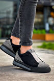 J007 Bağcıksız Lastikli Ortopedik Taban Tek Bant Süet Erkek Spor Sneaker Ayakkabı ST Siyah/Gri
