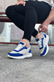 J063 Bağcıklı Ortopedik Taban Triko Erkek Sneaker Günlük Spor Ayakkabı BT Krem/Mavi