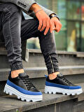 J056 Bağcıklı Ortopedik Taban Günlük Cilt Süet Erkek Spor Sneaker Ayakkabı BT Siyah/Mavi