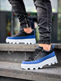 J056 Bağcıklı Ortopedik Taban Günlük Cilt Süet Erkek Spor Sneaker Ayakkabı BT Siyah/Mavi