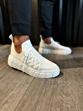 J1025 Bağcıklı Lastikli Ortopedik Taban Erkek Günlük Triko Sneaker Spor Ayakkabı BT Beyaz