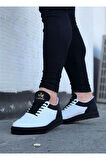 J022 Bağcıklı Ortopedik Taban Erkek Sneaker Günlük Ayakkabı ST Beyaz/Siyah