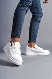 J155 Warrior Bağcıklı ve Fermuarlı Cilt Erkek Günlük Sneaker Ayakkabı BT Beyaz