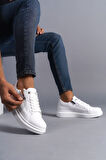 J155 Warrior Bağcıklı ve Fermuarlı Cilt Erkek Günlük Sneaker Ayakkabı BT Beyaz