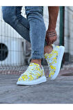 J501 Bağcıklı Sarı Beyaz Renkli Baskılı Ortopedik Taban Erkek Sneaker Günlük Ayakkabı RT Çok Renkli
